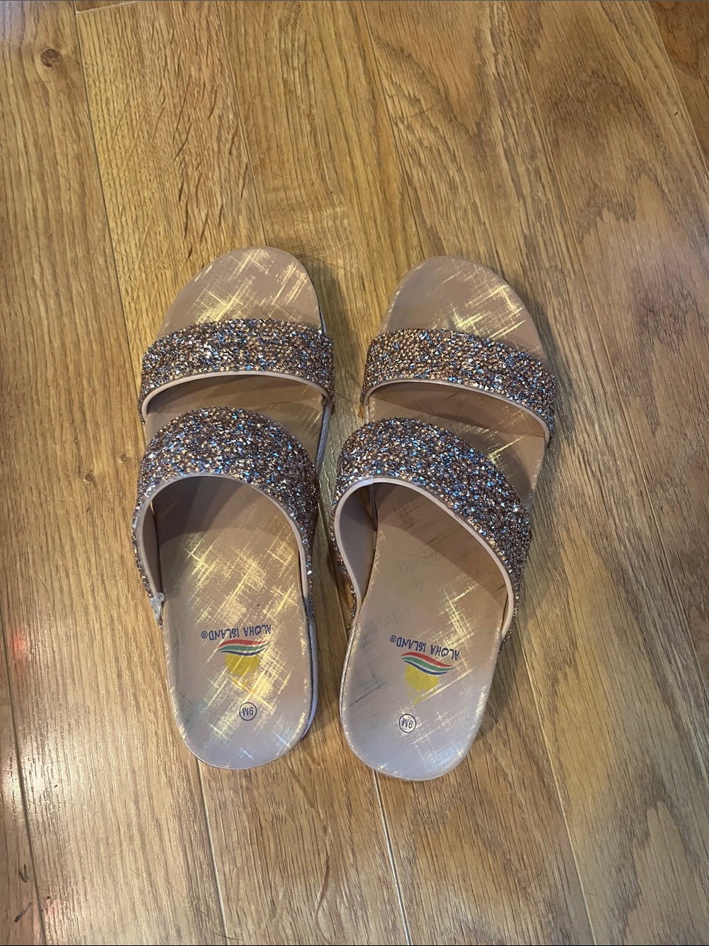 Aloha Island Rose Gold Glitter Double-Strap Slide Sandals